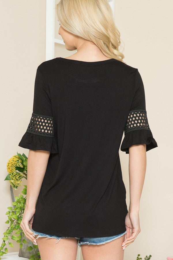 Lattice Trim Ruffle Sleeve Top