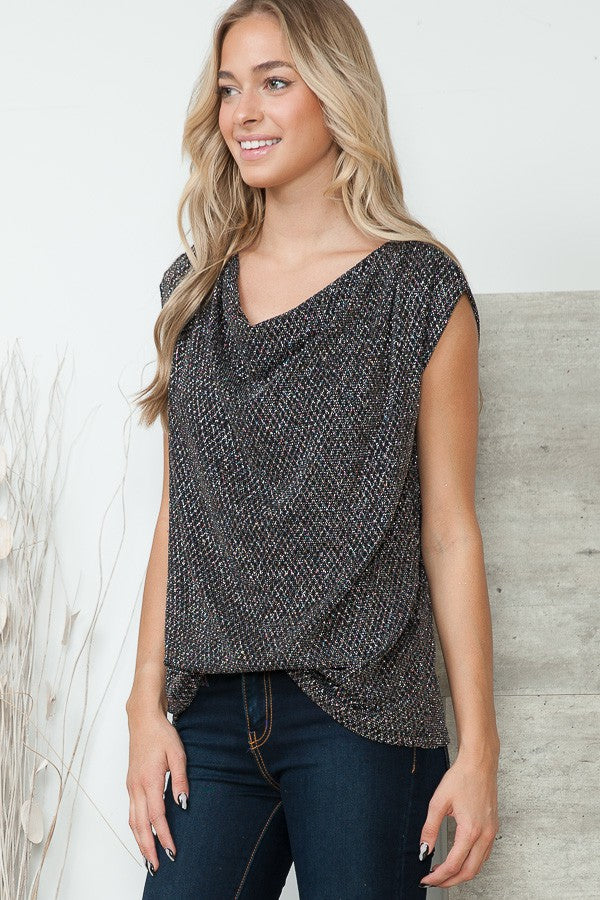 Cowl Neck Lurex Top with Padded Shoulders