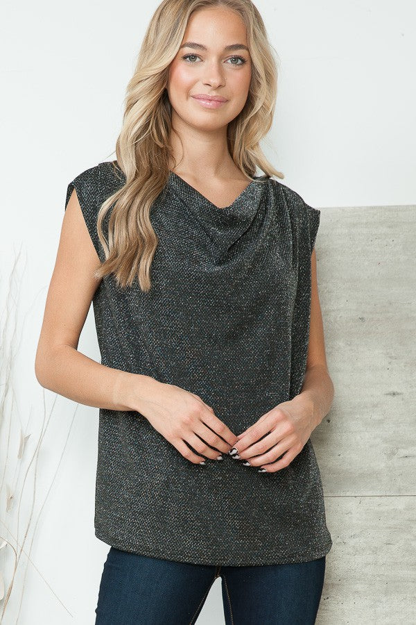 Cowl Neck Lurex Top with Padded Shoulders