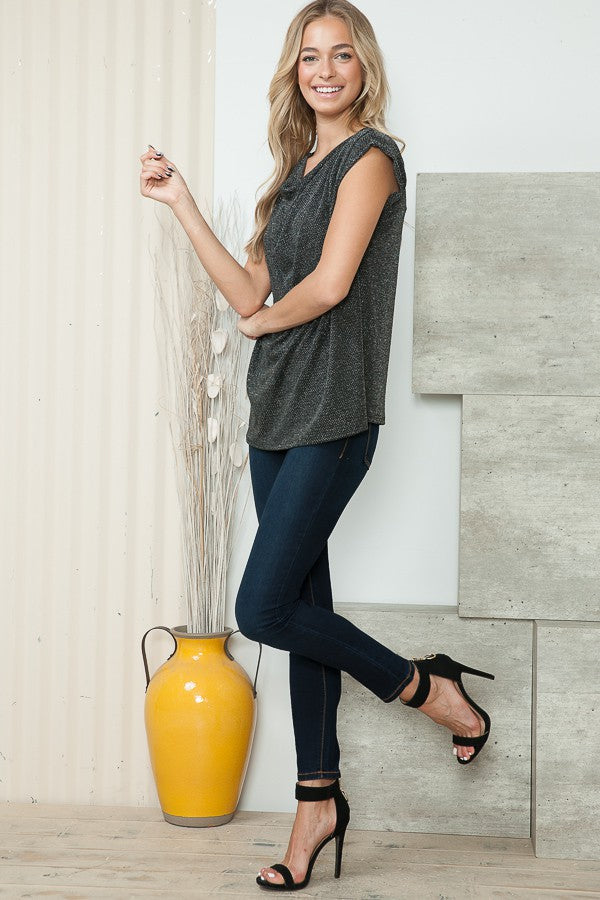 Cowl Neck Lurex Top with Padded Shoulders