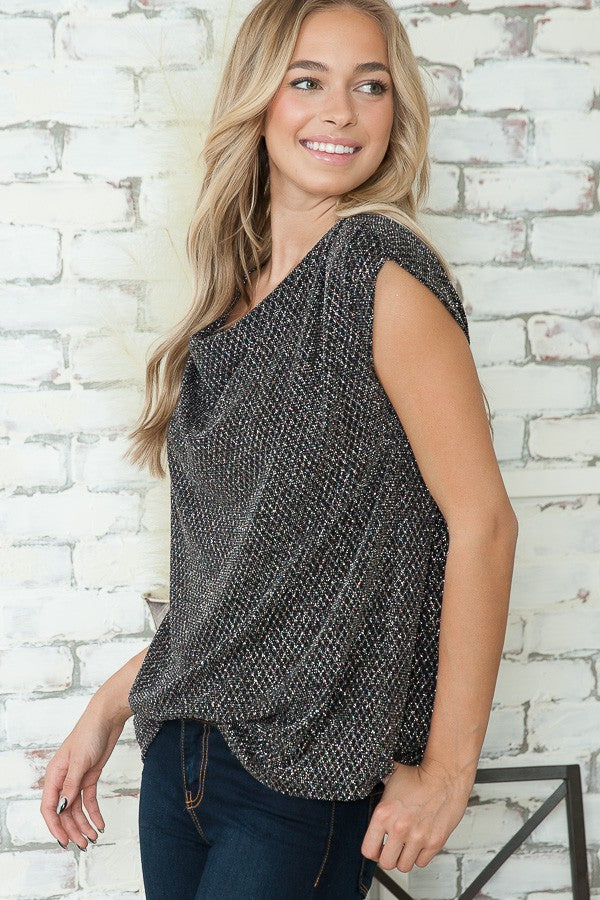 Cowl Neck Lurex Top with Padded Shoulders