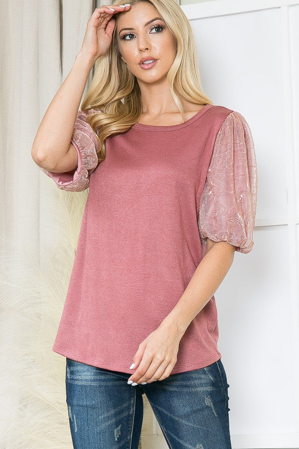 Embossed Mesh Sleeve Knit Top