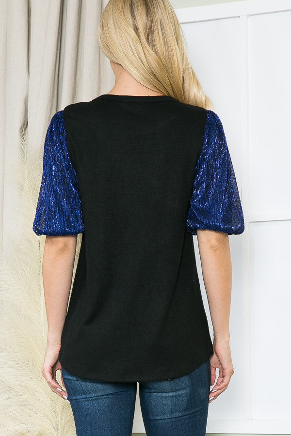Pleat Mesh Sleeve Knit Top-2 Colos