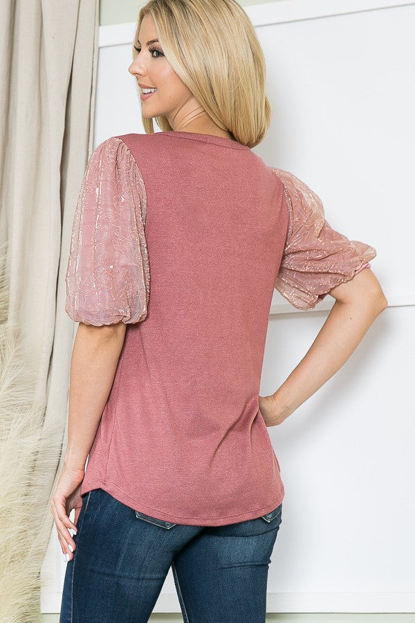 Embossed Mesh Sleeve Knit Top