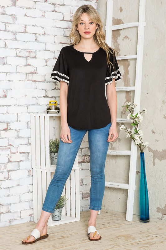 Pom Pom Flutter Sleeve Knit Top-Rayon Spandex