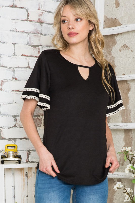 Pom Pom Flutter Sleeve Knit Top-Rayon Spandex