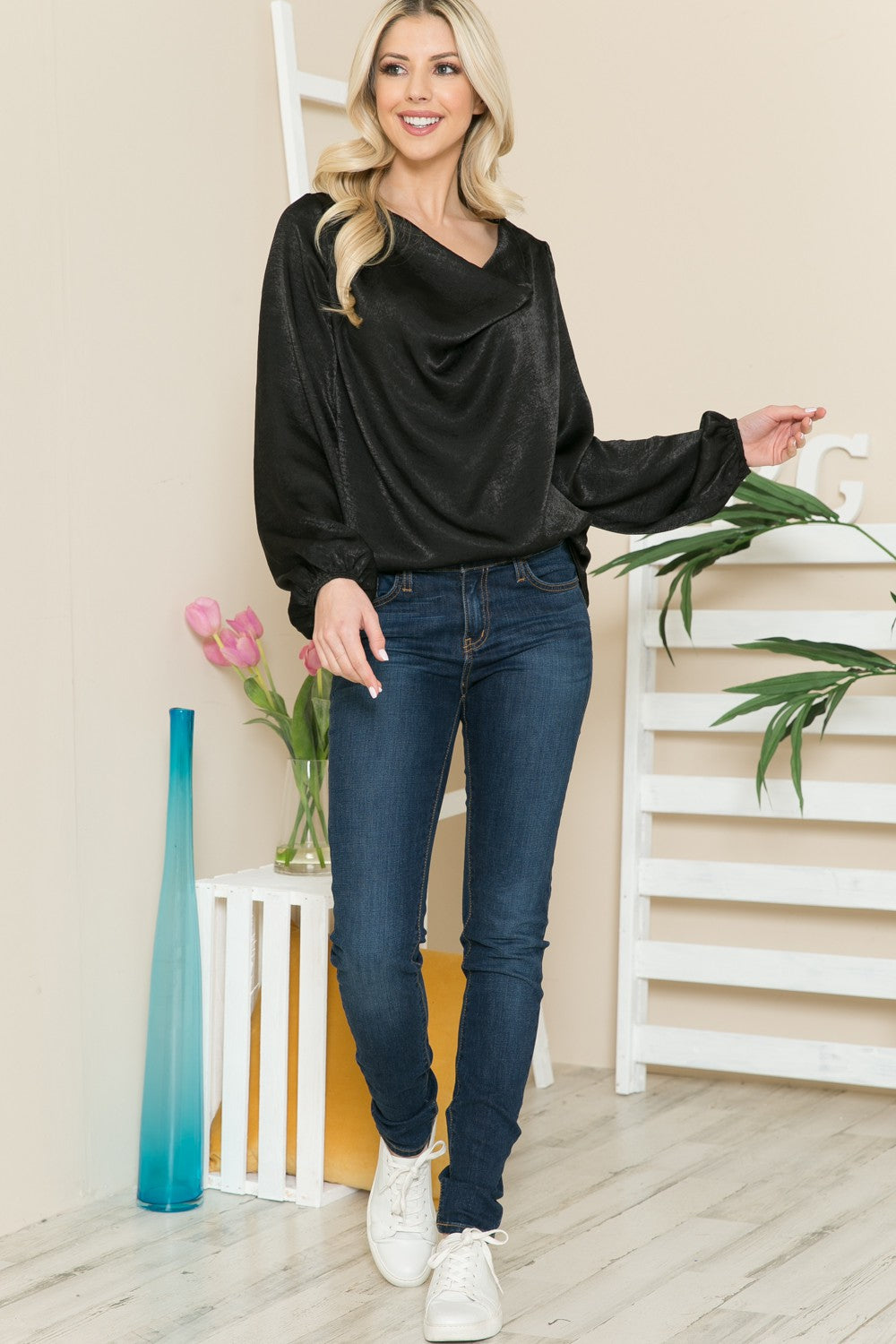 Washed Satin Cowl Neck Blouse