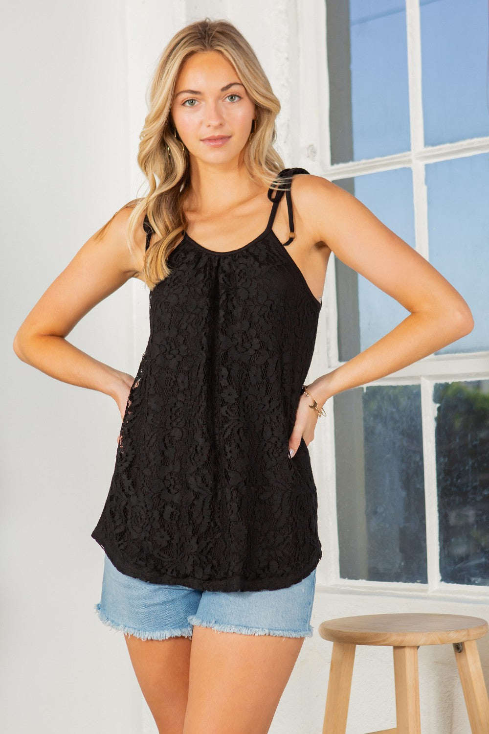 Lace overlay Sleeveless Top w Bead Detail