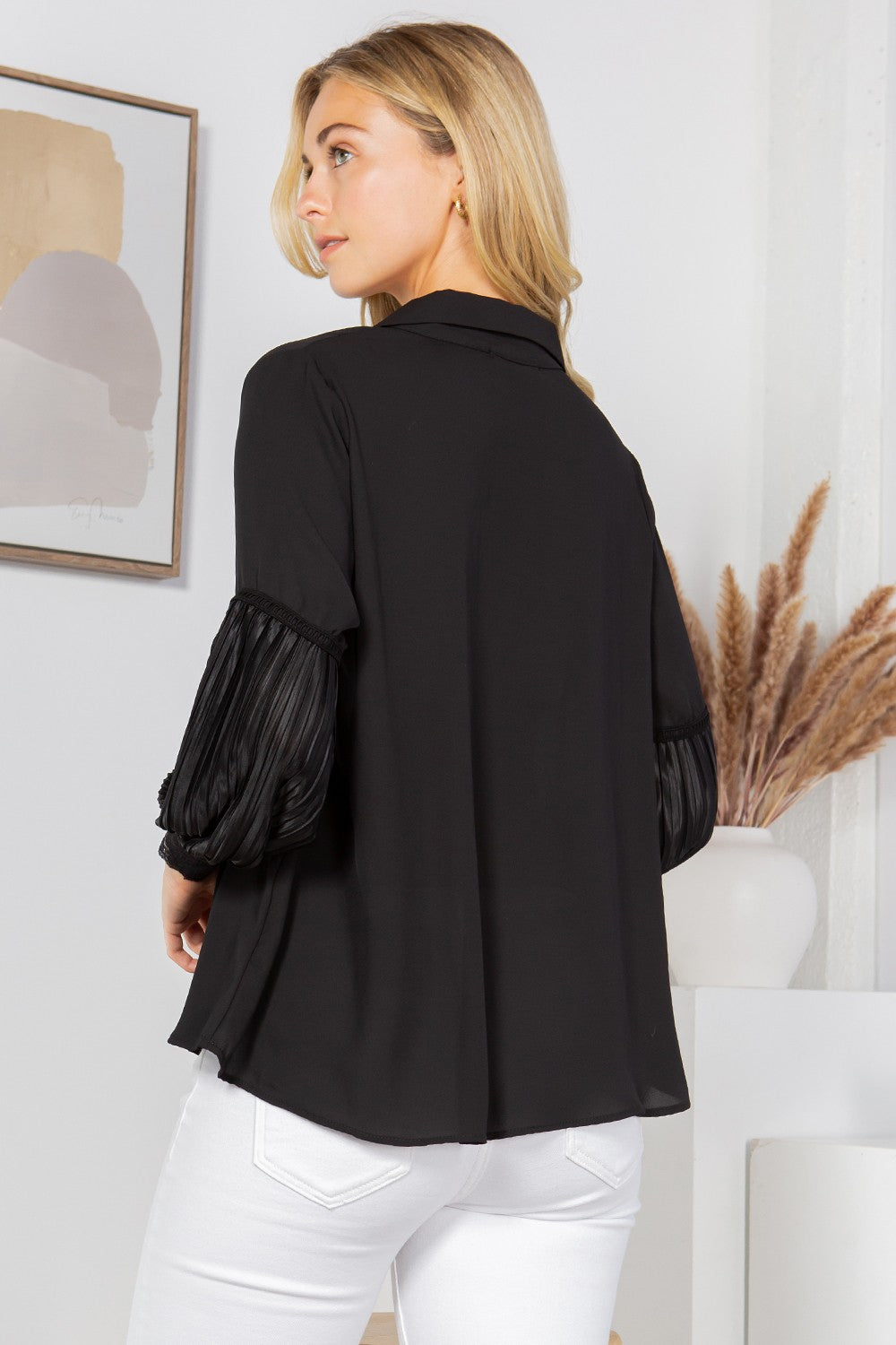 Collared Blouse with Pleated Sleeves