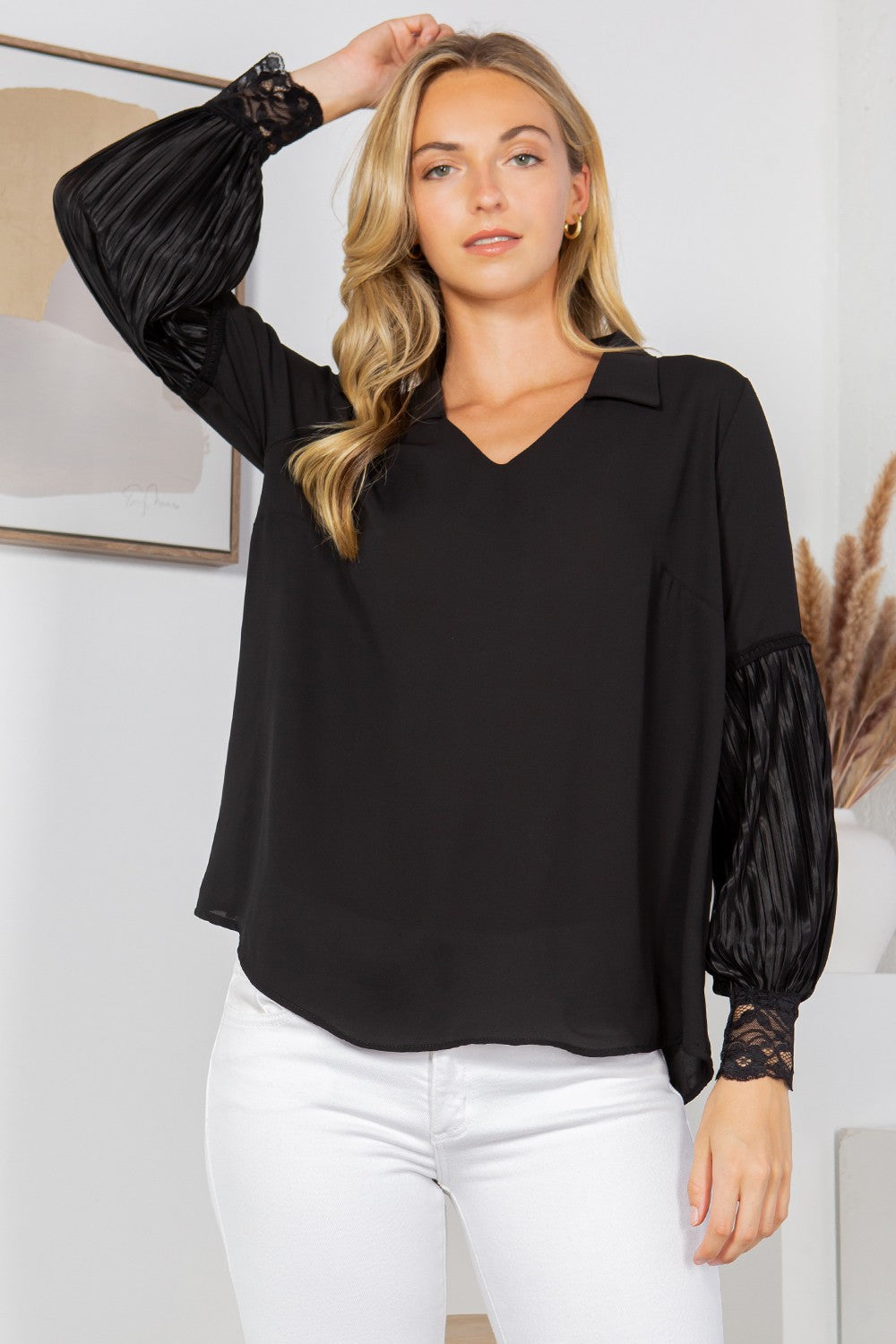 Collared Blouse with Pleated Sleeves