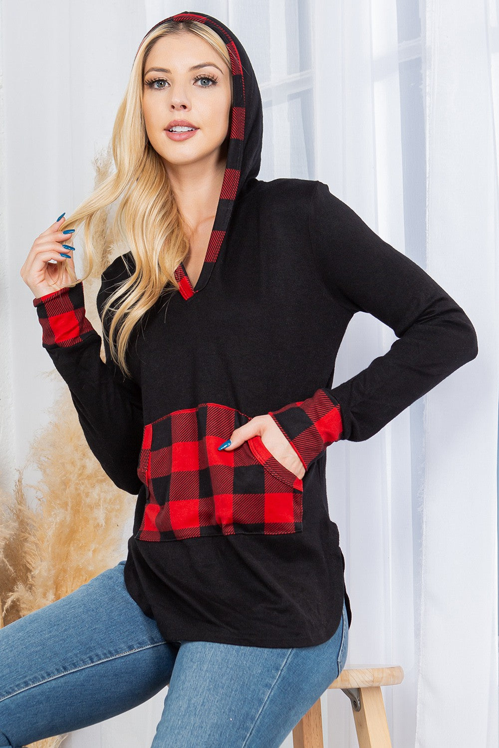 Plaid Kangaroo Pocket Hooded Pullover