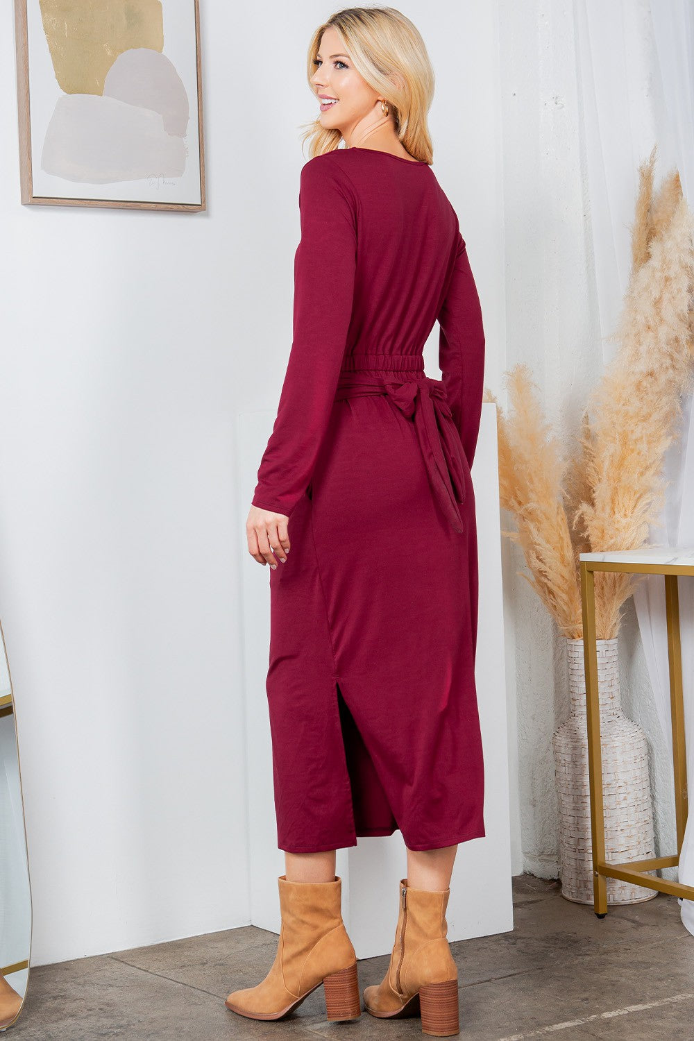 Waist Wrap Dress-with Pockets-SOLID