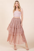 Elastic Waisted Embossed Mesh Tiered Ruffle Skirt
