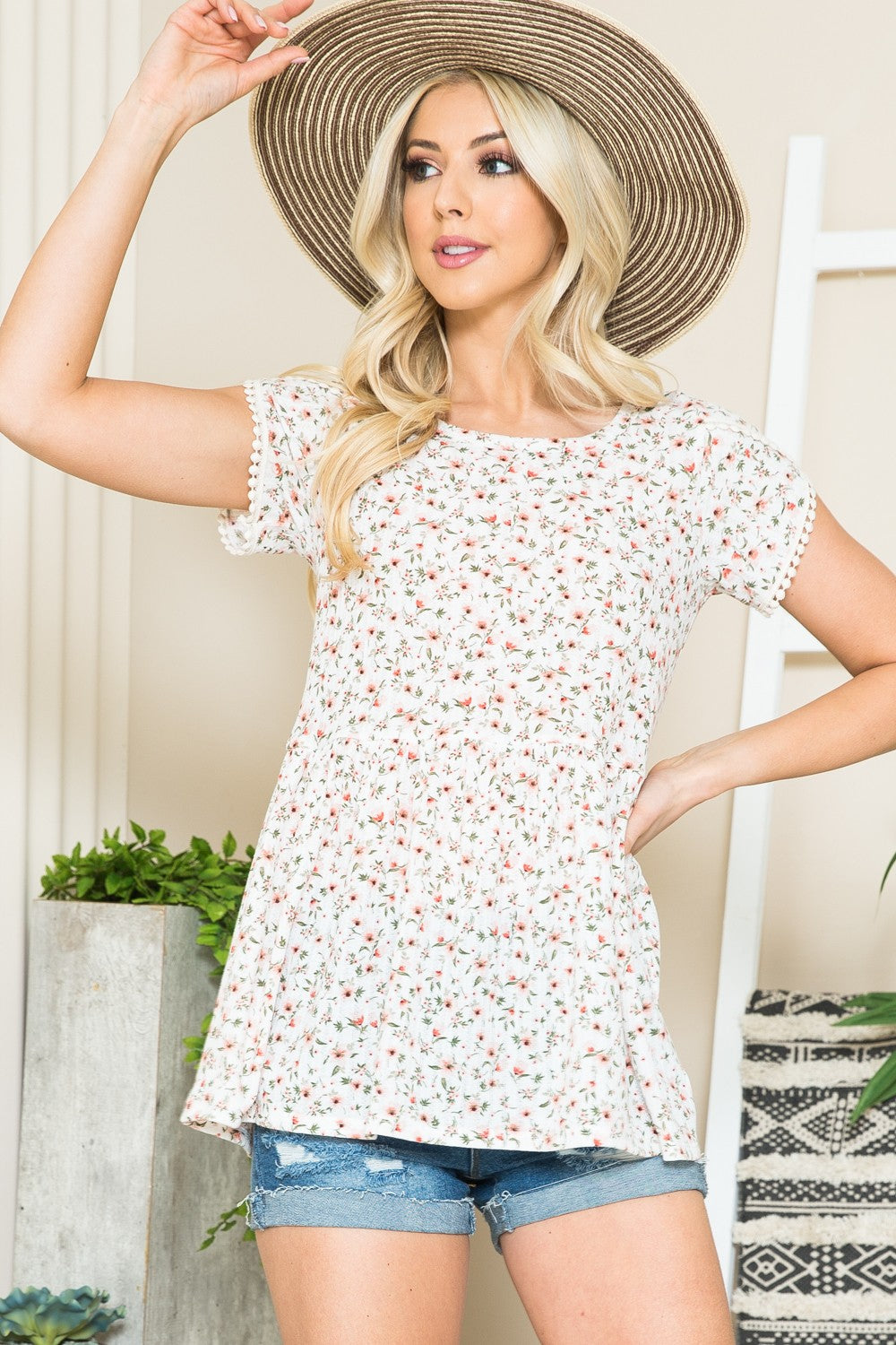 Pointelle Ditsy Flower Tulip Sleeve Top