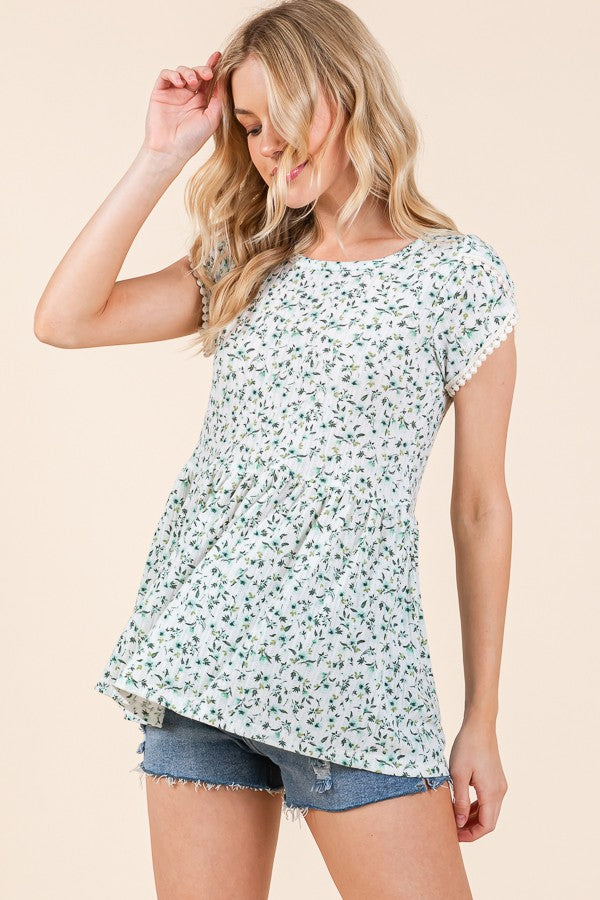 Pointelle Ditsy Flower Tulip Sleeve Top