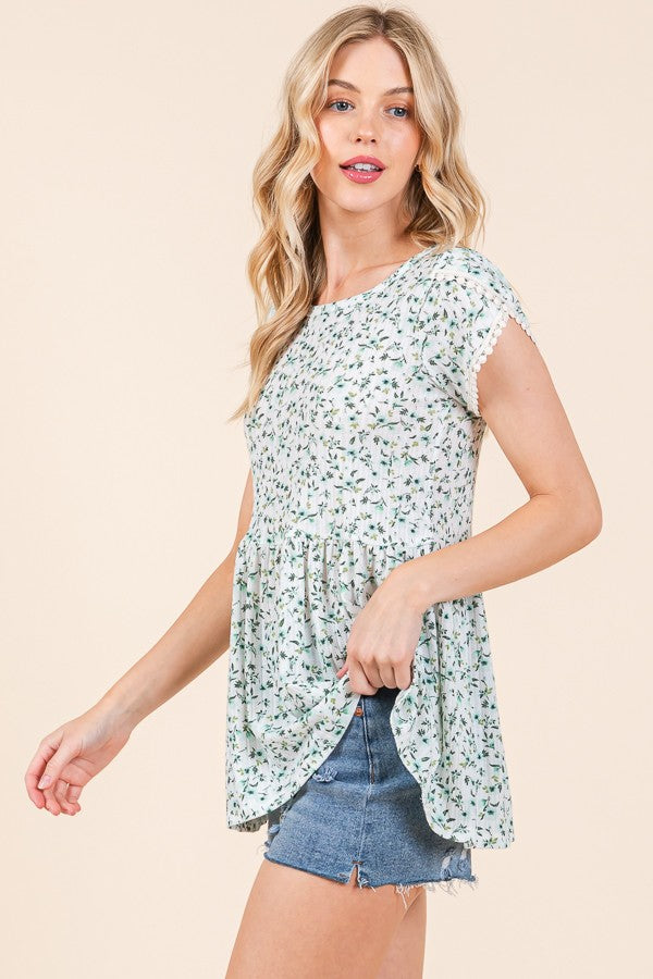 Pointelle Ditsy Flower Tulip Sleeve Top