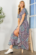 Tribal Print Wrap Dress with Waist Smocking