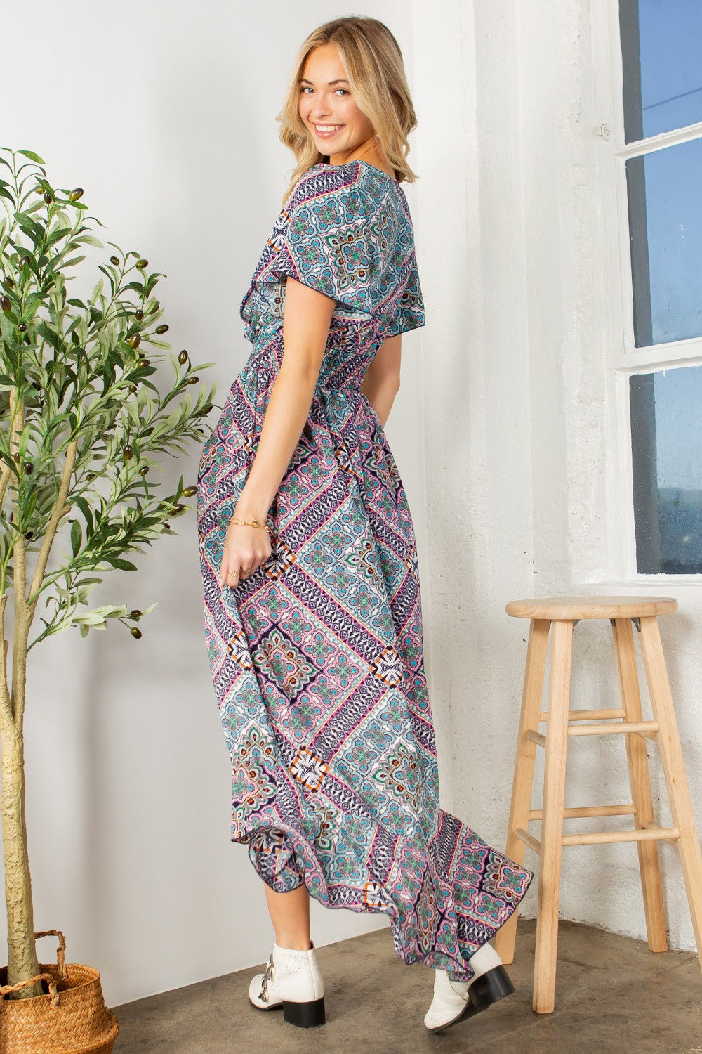 Tribal Print Wrap Dress with Waist Smocking